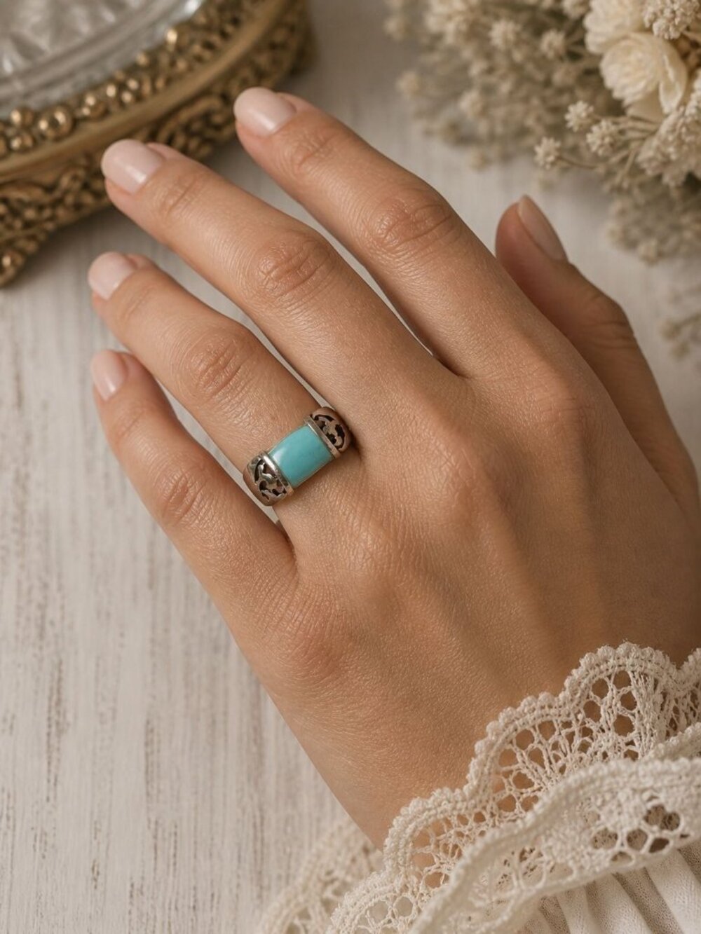 Vintage 1990's 925 Sterling Silver Turquoise Inlay Southwestern Statement Ring - Picture 7 of 7